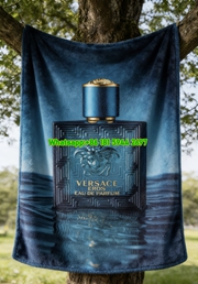 Versace Eros Eau de Parfum Bottle Print Flannel Throw Blanket Deep Teal Blue and Gold Design IMG_1603